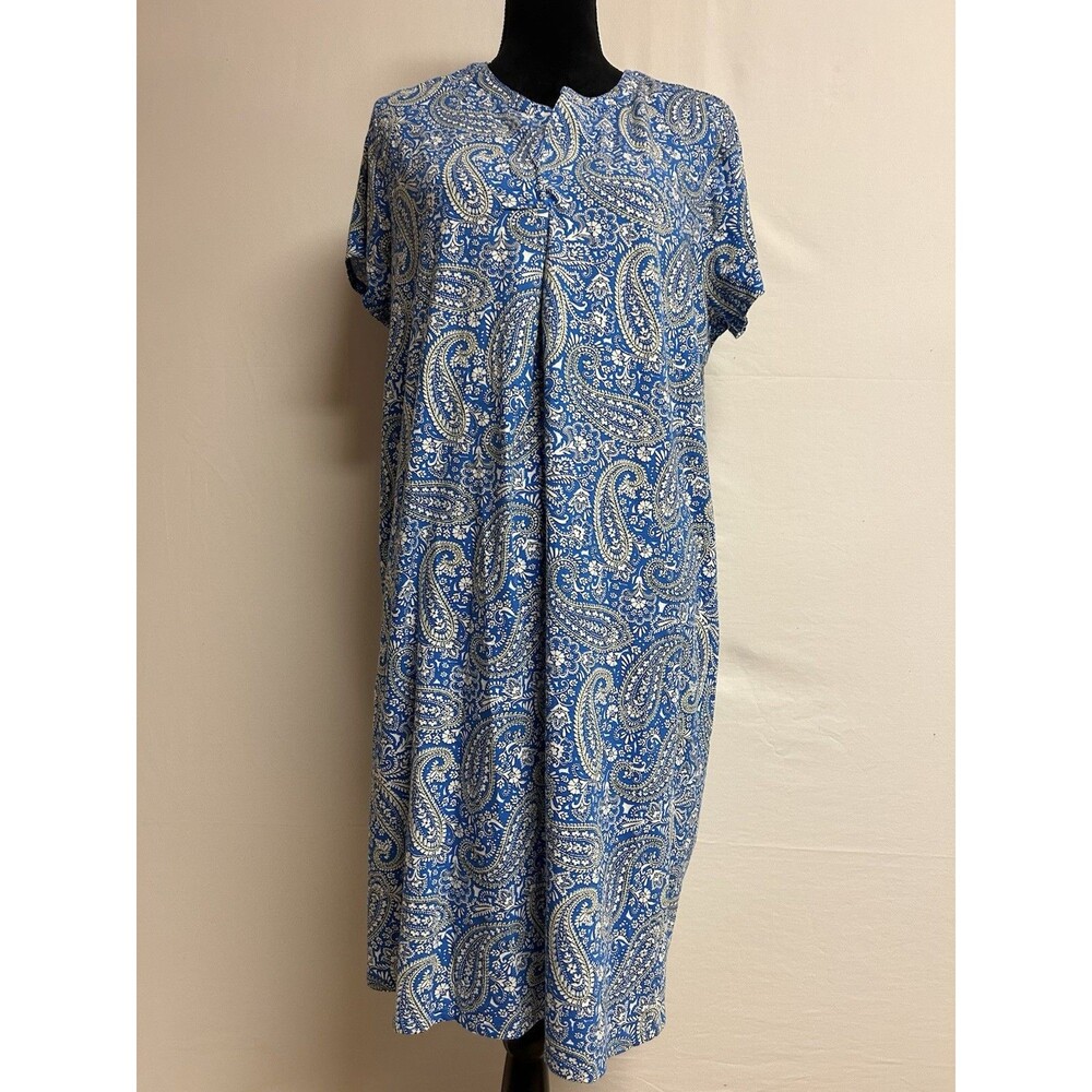 J Jill Womens Sz XL Blue Paisley Shift Dress Split V Neck Short Sleeve